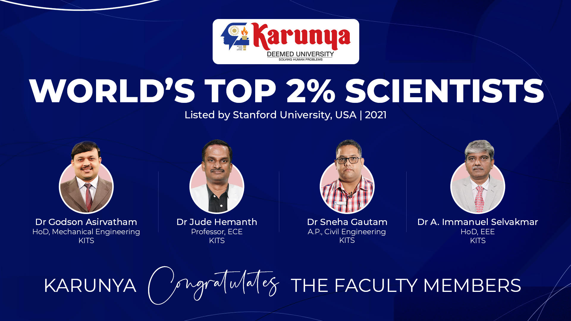 Four Karunya Deemed University Professors Listed in World's Top 2% Scientists: By Stanford University, 2021